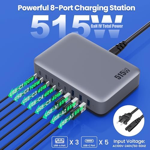 USB C Charger Block 515W[2025 Upgraded] GaN IV 8 Port Fast Charging Station Hub,Dual PD 100W USB C Laptop Charger Compatible with MacBook Pro/Air,iPad,iPhone 16/15,Galaxy S23/S24 Steam Deck Dell XPS - Image 2