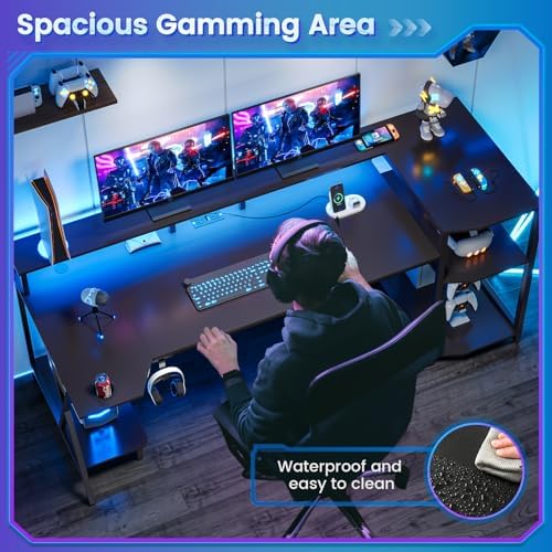 SEDETA Gaming Desk 55'' with LED Lights and Storage Shelves, Black - Image 5