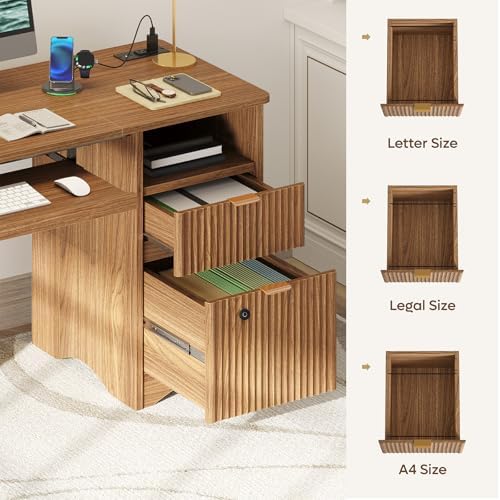 Bestier 55" Office Desk with Locking File Drawer & Charging, Brown - Image 5