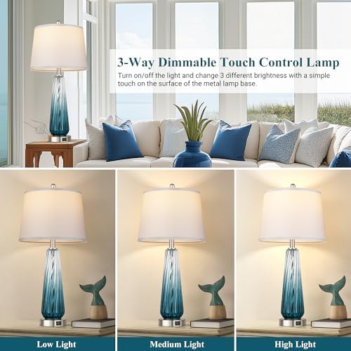 Table Lamps Set of 2 with Touch Control, Modern Glass Bedside Lamps with USB A+C Ports, 3-Way Dimmable Nightstand Lamp with White Fabric Shade, 27.5" Large Lamps for Living Room Bedrooms Decorations - Image 2
