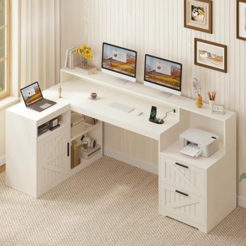 63" Farmhouse L Shaped Desk with Drawers and Printer Stand for Home Office by TVU