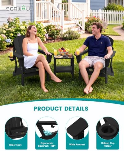 SERWALL Oversized Foldable Adirondack Chair with Cup Holder, HIPS, Black - Image 3