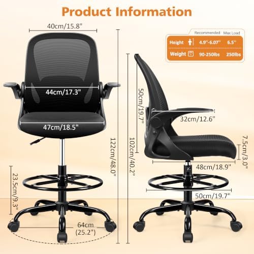 Drafting Chair Tall Office Chair with Flip-up Armrests, Adjustable Height, and Enhanced Lumbar Support - Ergonomic Rolling Stool, Back Support, and Adjustable Foot Rest Ring for Standing Desk Black - Image 3