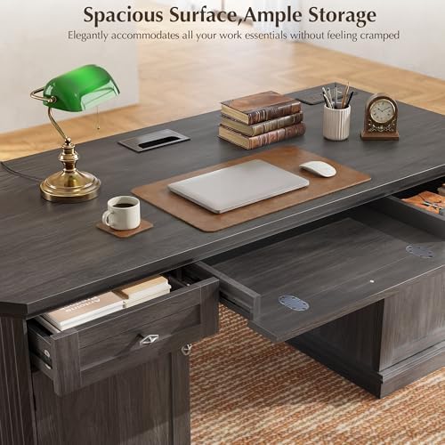 59" Classic Executive Desk with Storage, Victorian Executive Desk with Charging Station, Keyboard Tray, 3 Drawers & 2 Cabinet Storage & 2 Pedestals, Easy Assembly, Black - Image 4