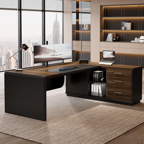 Tribesigns 81-Inch L-Shaped Office Desk, Large Commercial Office Desk with Drawers and File Cabinet, Modern Professional Business Furniture Workstations with Storage Shelves, Brown & Black - Image 4