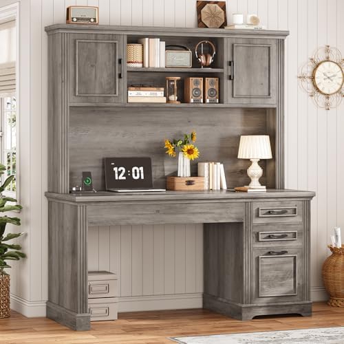 SEDETA Office Desk with 3 Drawers, 47.2" Executive Computer Desk with Storage Drawers and Hutch Cabinet, Wood Farmhouse Desk with Power Outlet for Home Office, Grey - Image 3