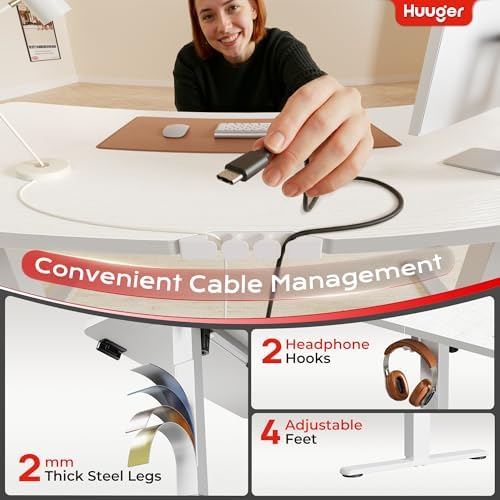 Huuger 55 X 24 Inch Electric Standing Desk with Power Outlets and USB-C Port, Height Adjustable Desk, Sit Stand Desk for Home Office, Computer & Gaming Desk with 3 Presets, Stable Steel Frame, White - Image 6