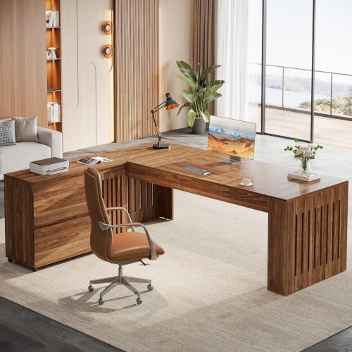 Tribesigns 70.87" Executive Desk with Mobile File Cabinet, Large L-Shaped Computer Office Desk with Rolling Storage Drawers, Business Workstation Set with Slatted Legs for Home Office, Brown by Tribesigns