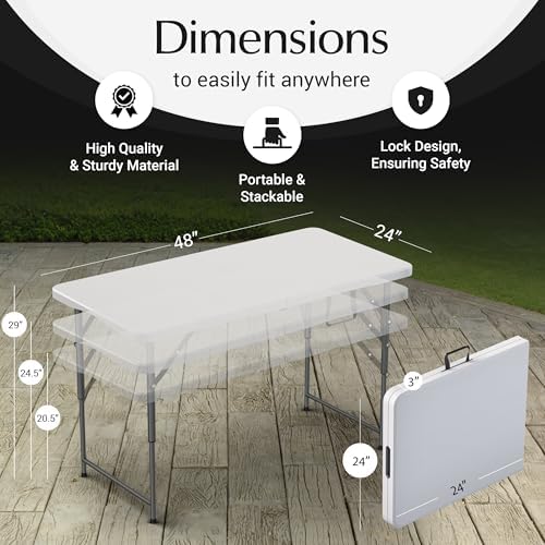 4 Feet Foldable Table Adjustable Height with Built in Handle, Steel Legs | 4FT Heavy Duty Portable | Perfect for Party Dining Wedding Events Picnic Indoor Outdoor Camping Utility Folding - 4 Foot - Image 3
