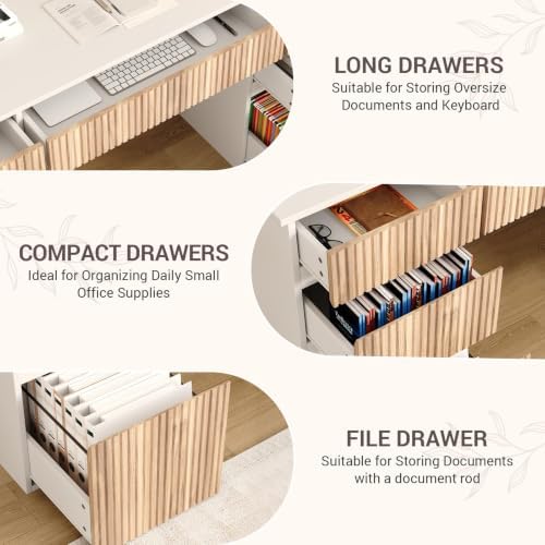 White Desk with Drawers, 58 Inch Executive Desk with File Cabinet - Image 4