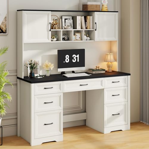 Vabches Farmhouse Executive Desk with 7 Drawers and Storage Cabinet, Rustic Large Home Writing Desk with Hutch, Workstation for Bedroom, Black by Vabches