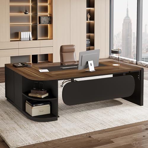 Tribesigns 81-Inch L-Shaped Office Desk, Large Commercial Office Desk with Drawers and File Cabinet, Modern Professional Business Furniture Workstations with Storage Shelves, Brown & Black by Tribesigns