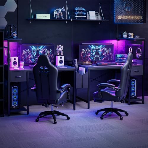 Grandder Gaming Desk 47 Inch with Power Outlet and LED Light, Computer Desk with Reversible Shelves and Storage Drawer, Pc Small Desk for Home Office Table with Bag, Carbon Fiber Black - Image 4