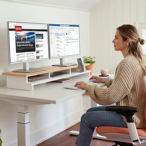 42.5" Dual Monitor Stand Riser with Phone Holder Desk Shelf White - Image 2