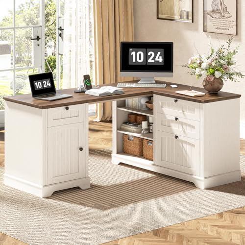 Farmhouse L Shaped Desk with Drawers, Corner Computer Desk for Home Office by Vabches