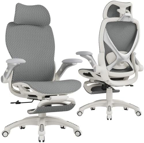 ELABEST X100 Ergonomic Mesh Office Chair with Footrest, Big and Tall Home Desk Chair with 5D Flip-Up Arms, Adjustable 3D Lumbar Support, Gaming & Executive Computer Chair (Silver Wave) by ELABEST