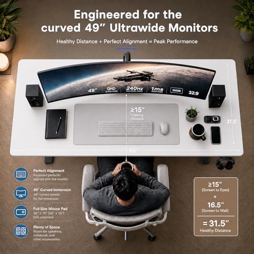 Grandder 55x32 Large Electric Standing Desk, Height Adjustable Computer Desk with 2 Memory Presets, 31.5" Deep Desktop Sit Stand Desk Home Office Desk Workstation Table with Hooks, White - Image 6