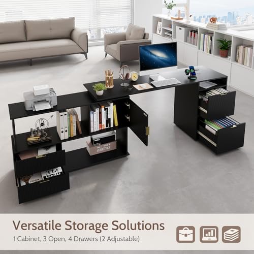 L-Shaped Desk with Drawers & Power Outlet, 180 Rotating Corner Computer Desk with Storage, 66 Inch Office Desk with 5-Drawer, Space-Saving Modern L-Shaped Workstation, Black - Image 6