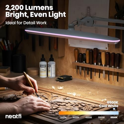 Neatfi XL 2,200 Lumens 24W LED Desk Lamp – 23” Wide Shade | Dimmable Eye-Caring Task Light | Adjustable Arm | Home Office, Study, Crafts & Nail Tech (White with Pink Ring, Non-CCT with Clamp) - Image 6