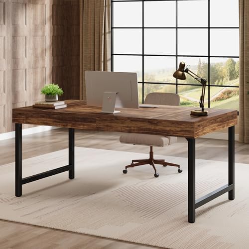 Tribesigns 55" Industrial Executive Desk for Home Office, Rustic Simple Computer Laptop Desk with Strong Metal Legs, Study Writing Table Business Workstation, Small Conference Table, Walnut - Image 3