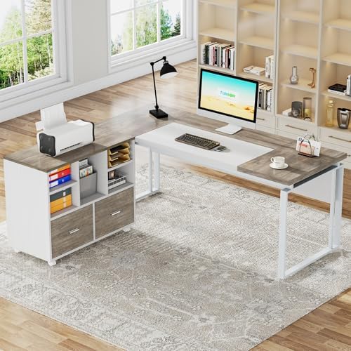 Tribesigns L-Shaped Executive Desk with Reversible File Cabinet, 63" Office Desk with Storage Drawers, L-Shaped Computer Desk with Drawer Cabinet for Hanging Letter Size Files,Gray & White - Image 3