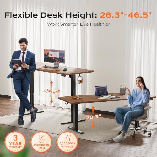 Huuger 71 x 30 Large Electric Standing Desk, Height Adjustable Computer Desk, 29.5" Deep Desktop, Stand up Gaming Office Table with 2 Hooks, 3 Preset Heights, for Home Office, Rustic Brown - Image 3