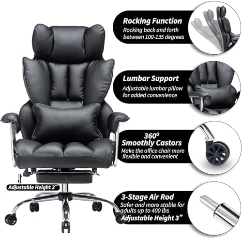 Efomao Big and Tall Office Chair with Foot Rest 400LBS, PU Leather Computer Chair, Heavy Duty Executive Office Chair with Lumbar Support, Black Home Office Chairs - Image 5