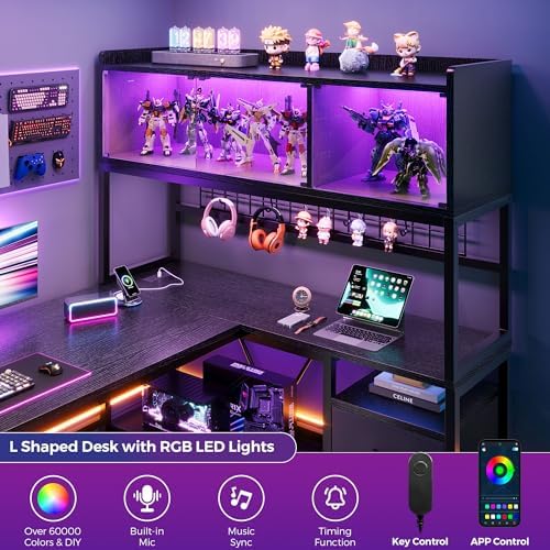 L Shaped Gaming Desk with Fabric Drawers and Power Outlet, Corner Computer Desk with LED-Lit Tempered Glass Display Cabinet, L Shaped Office Desk with Storage,PC Desk for Gaming and Home Office, Black - Image 5