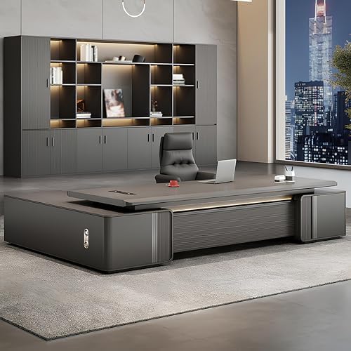 Modern L-Shaped Executive Desk with Drawers, Wooden Office Desk with Hidden Power Outlet, Digital Combination Lock, Aluminum Inlaid Desktop for Home & Professional Office by Unknown