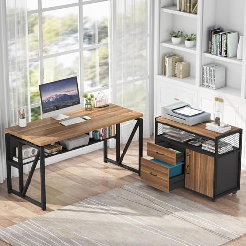Tribesigns 55-inch L Shaped Desk with Drawer Cabinet, Executive Computer Desk and lateral File Cabinet, 2 Piece Home Office Furniture with Drawers for Hanging File, Doors with Locks (Brown, 55 inches) - Image 3