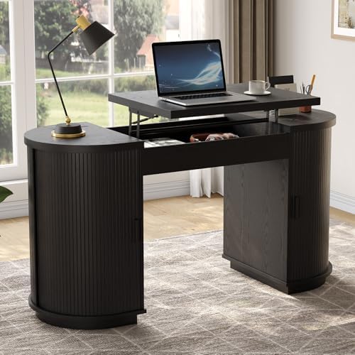 ONBRILL 59 Inches Office Desk with Lift Top, Fluted Executive Desk Black by ONBRILL