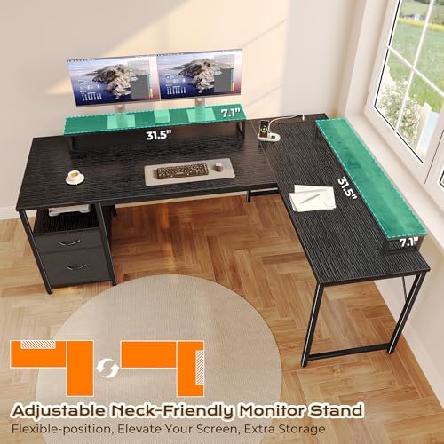 PRAISUN 55 Inch L Shaped Desk with Power Outlets and USB-C Port, Computer Corner Home Office Desk with File Fabric Drawers and Movable Monitor Stand, Larger Storage for Gaming, Work, Black - Image 6