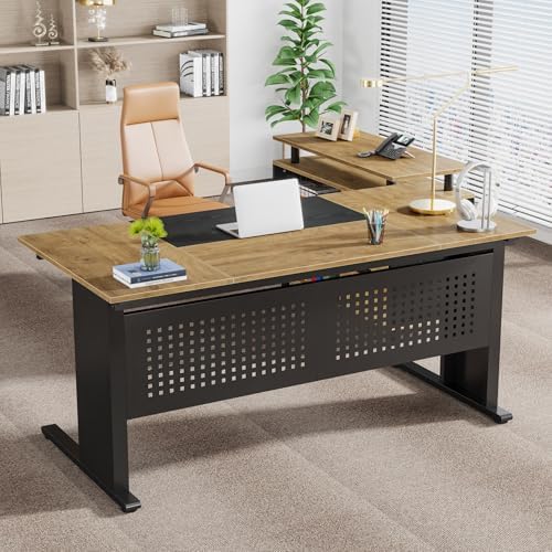 Tribesigns 63 Inch Executive Desk with File Cabinet, Large Office Desk L Shaped Computer Desk with Drawers and Storage Shelves, Business Furniture Desk for Home Office, Wood Color and Black - Image 6