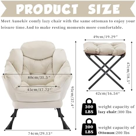 Lazy Chair with Ottoman, Comfy Reading Chair, Ivory - Image 3