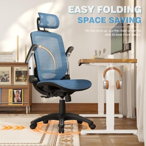 GABRYLLY Ergonomic Office Chair, High Back Home Desk Chair with 2D Flip-Up Arms, 3D Headrest, 90-120° Tilt and Wide Cushion, Big and Tall Mesh Chairs for Man Woman, Blue Computer Task Chair - Image 4