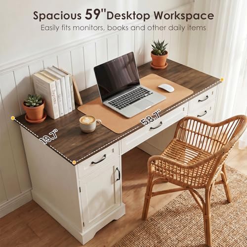 OffiGo Farmhouse 59 Inch Executive Desk with Drawers, Walnut+White - Image 4