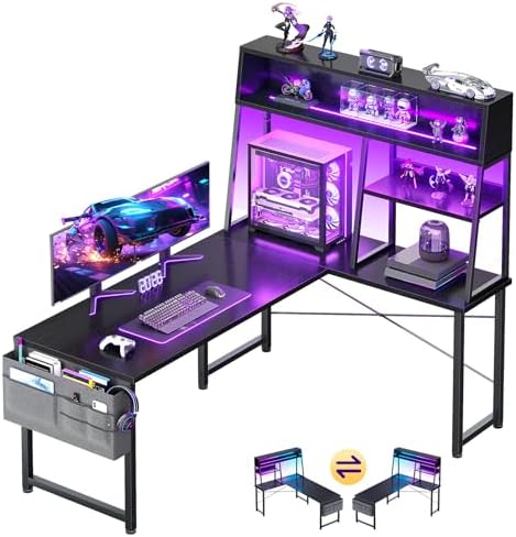 AODK 51 Inch L Shaped Gaming Desk with Display Shelves, LED Lights, Black by AODK