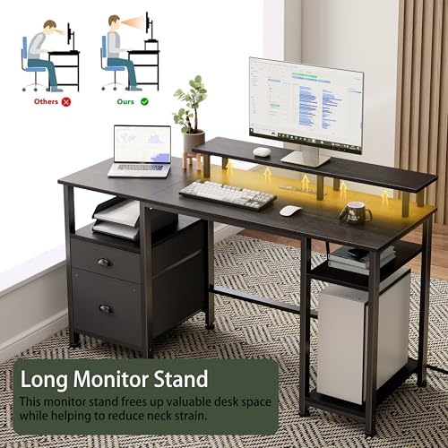 Furologee 51" Gaming Desk with Power Outlets & LED Lights, Reversible Computer Desk with File Cabinet & Monitor Stand for Home Office, Large Work Table with Storage Shelves & Drawer, Black - Image 6