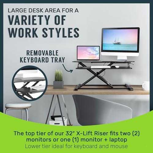 TechOrbits Standing Desk Converter - 32 Inch Adjustable Sit to Stand Up Workstation, Particle Board, Dual Monitor Desktop Riser with Keyboard Tray, for Home Office Laptop, Black 32" - Image 5
