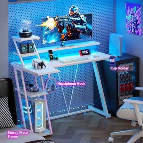 Korfile 47 Inch White Gaming Desk with LED Lights & Power Outlet, L Shaped Gaming Table with Storage Shelves, Gamer Workstations with Monitor Stand for Bedroom - Image 6