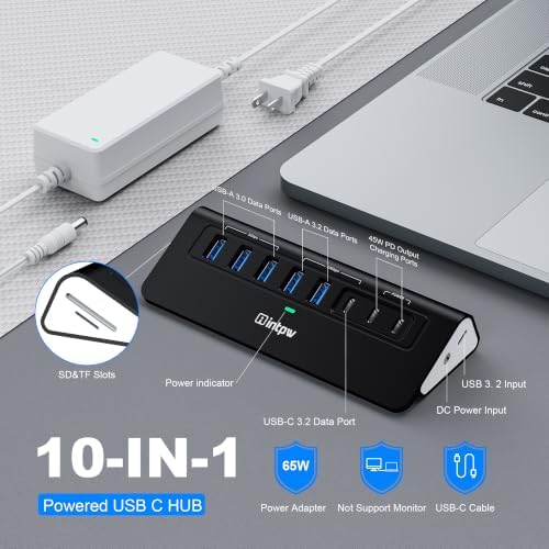 Powered USB Hub 10Gbps, intpw YH6AC Plus 10-Port USB 3.2 Hub(USB A/USB C 3.2+3 USB-A 3.0+2 PD 45W Fast Charging Ports+SD/TF Card Reader), 65W Power Adapter,Aluminum USB HUB for PC/Laptop,iPhone 17/16 - Image 2
