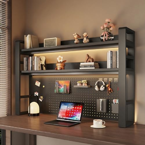 Desk Shelf Organizer for Top of Desk – Desktop Bookshelf with Pegboard & Storage Accessories, Adjustable Hutch for Dorm or Office, Steel Frame Display Shelf, Black frame + black board 29.5*9.8*36.6in by Unknown