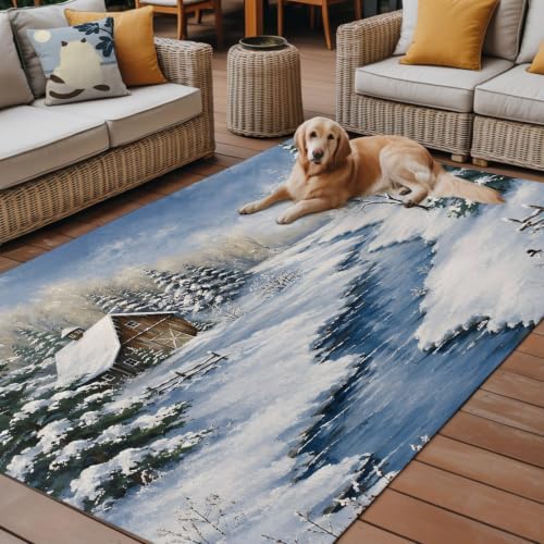 Winter Landscape 6x9 Waterproof Outdoor Rug with Non‑Slip Backing Rustic Nature Snowy Stream Wooden Cabin Machine Washable Deck Patio Rug Mat for Camping, RV, Garden, Balcony Pool - Image 4