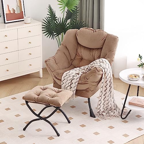 Furlide Lazy Chair with Ottoman, Comfy Velvet Reading Chair for Bedroom，Khaki by Furlide