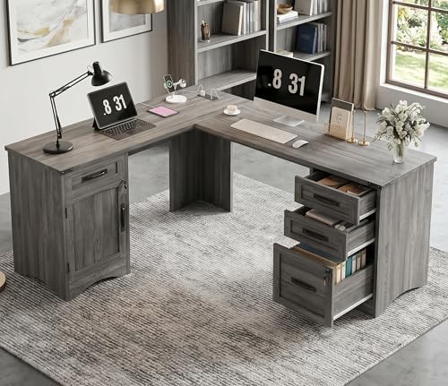 Decofy 67" Farmhouse L Shaped Standing Desk with Drawers Home Office Executive Desks with Fast Charging Station, Lockable File Cabinet, Wood Writing Computer Desk for Work, Study, Grey - Image 4