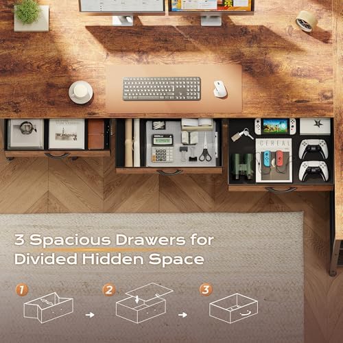 PRAISUN 63 Inch L Shaped Office Desk with Power Outlets and Type-C Port, Large Computer Gaming Desk with 3 Fabric Drawers, Mesh Shelves, Corner Study Work Writing Desk, Rustic Brown - Image 7