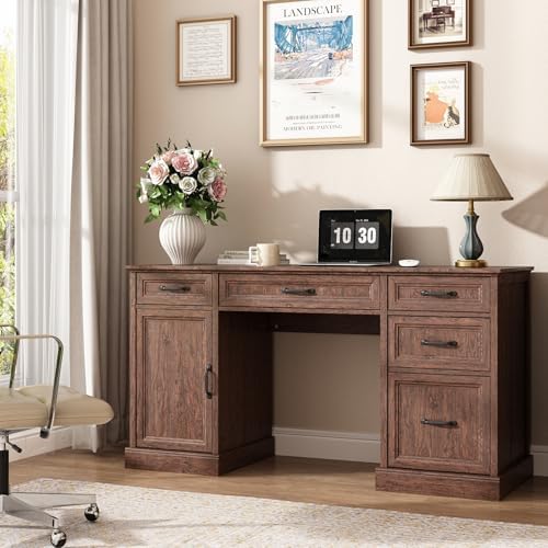 CARPETNAL 58'' Farmhouse Executive Desk with Drawers, Home Office Desk with File Drawer and Storage Cabinet, Rustic Computer Desk for Working, Studying, Writing, Brown - Image 3