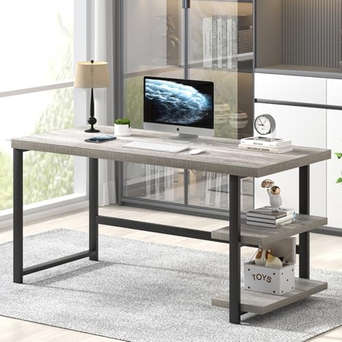 FOLUBAN Computer Desk, Modern Home Office Desk with Shelves, Wood Writing Study Gaming Table for Living Room Bedroom, Light Grey, 53 inch by FOLUBAN