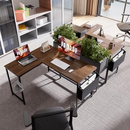Pamray 47 Inch Reversible L Shaped Gaming Desk Corner Computer Desk with Storage Bag Home Office Table for Writing Study Brown - Image 2