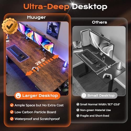 Huuger 78.7'' x 29.5'' Large Electric Standing Desk, Height Adjustable Computer Desk, 29.5" Deep Desktop, Stand up Gaming Office Desk with 2 Hooks, 3 Preset Heights, for Home Office, Rustic Brown - Image 4